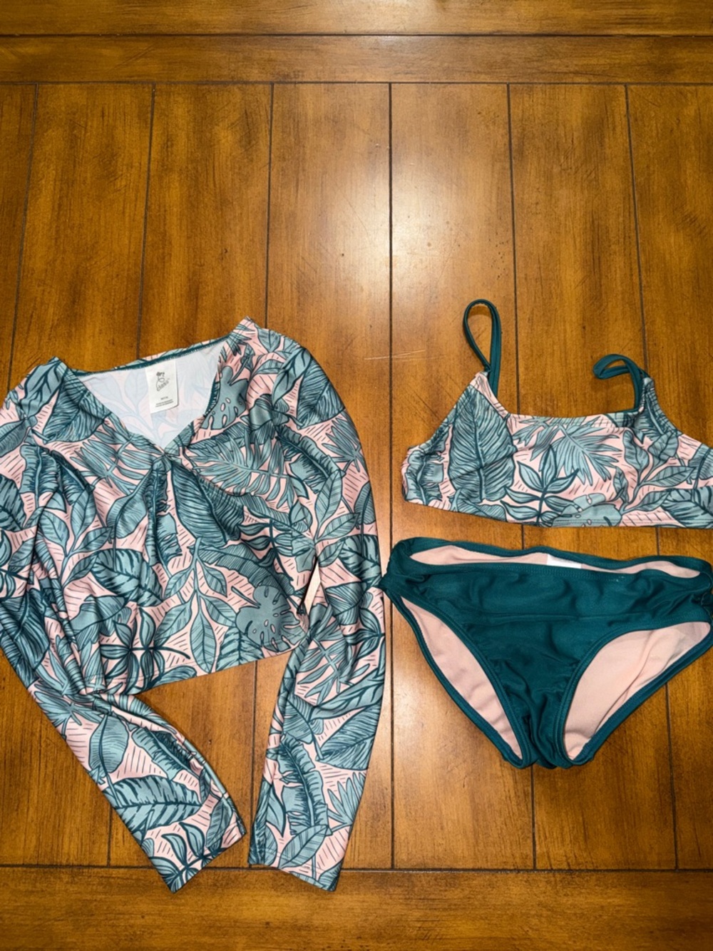 art class Pink & Teal Tropical Leaf Girls Three-Piece Swim Set with Rash Guard